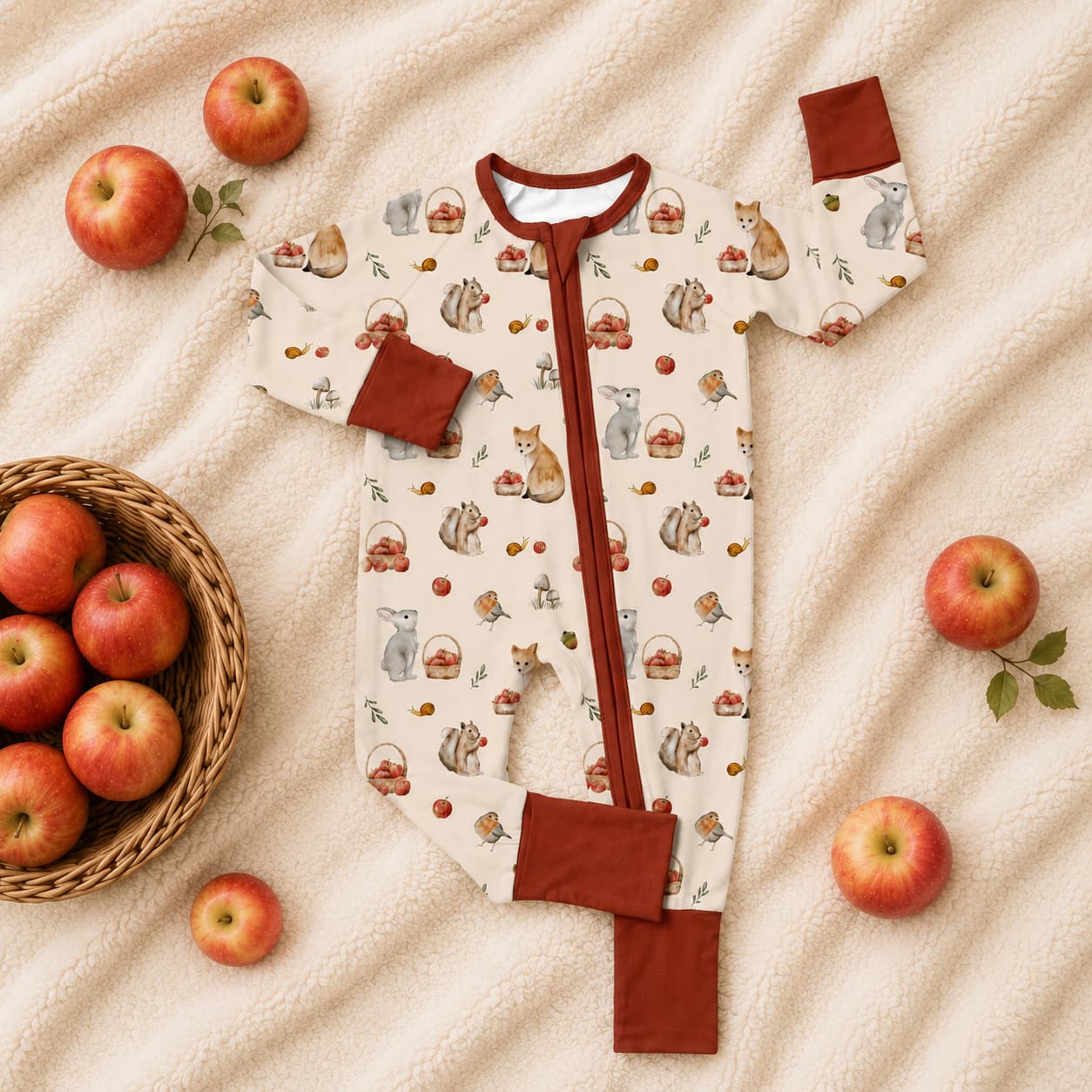 Baby bamboo sleeper with woodland animals and orchard pattern on a beige blanket with apples.